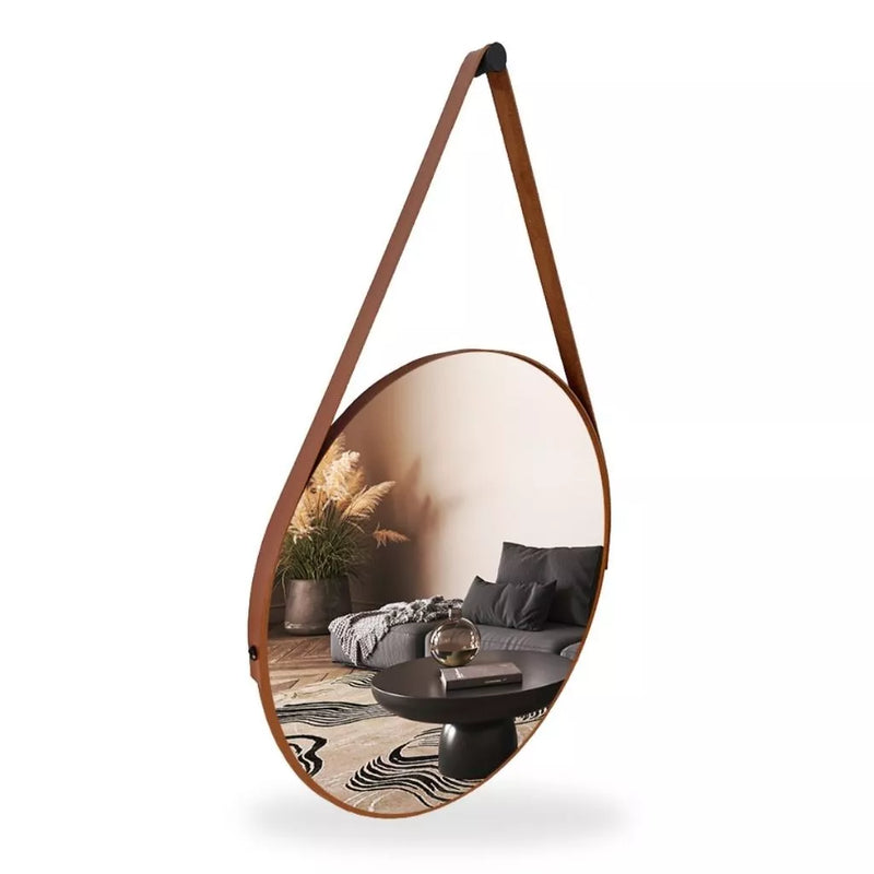 Espelho Redondo Adnet 40 cm Sala / Quarto / Banheiro / Com Alça Couro Suporte