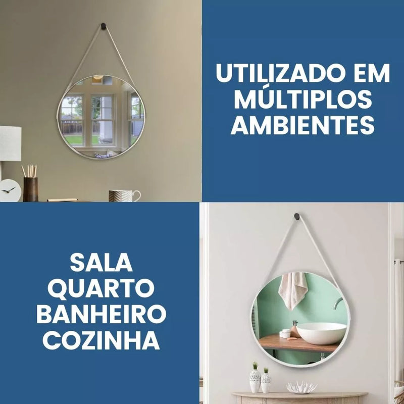 Espelho Redondo Adnet 40 cm Sala / Quarto / Banheiro / Com Alça Couro Suporte